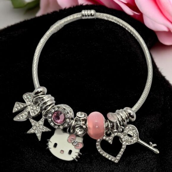 Hello Kitty Beaded Charm Bracelet Rhinestone Silver Heart Bow Cat Star Jewelry - Picture 3 of 12
